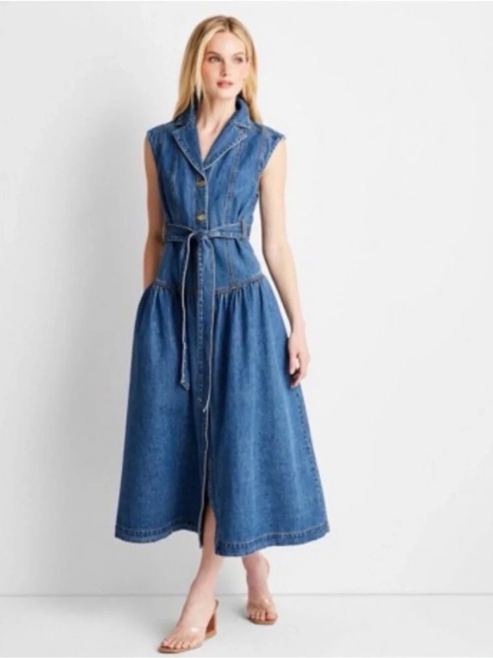 NWT Sleeveless Denim Button Front Midi Dress Future Collective Jenee Naylor - Picture 1 of 4